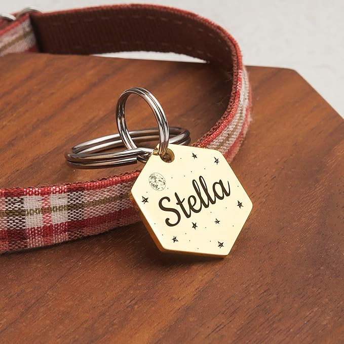 Anavia Small Size Dog Cat ID Tags, Small/XS Personalized Color Plated Stainless Steel Puppy Kitten Name Tags, Customized Engraved Nameplate Pet Collar Tag (Gold, Hexagon)