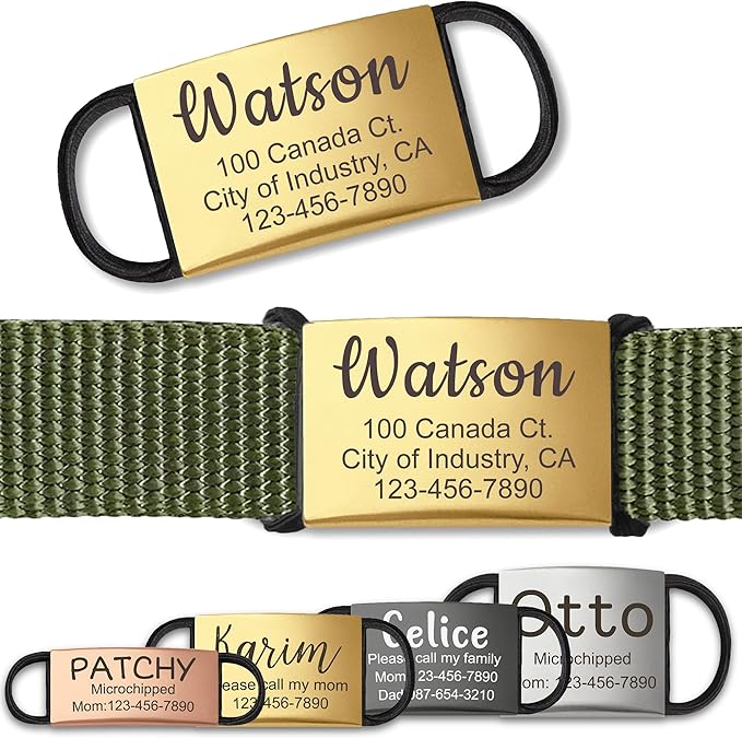Anavia Slide On Silent Pet ID Tags, S/M/L/XL Personalized Stainless Steel Cat Dog Tag with Elastic Fabric Band, Engraved Nameplate Quiet Chew-Proof Pet Collar Tag (Gold, X-Large)