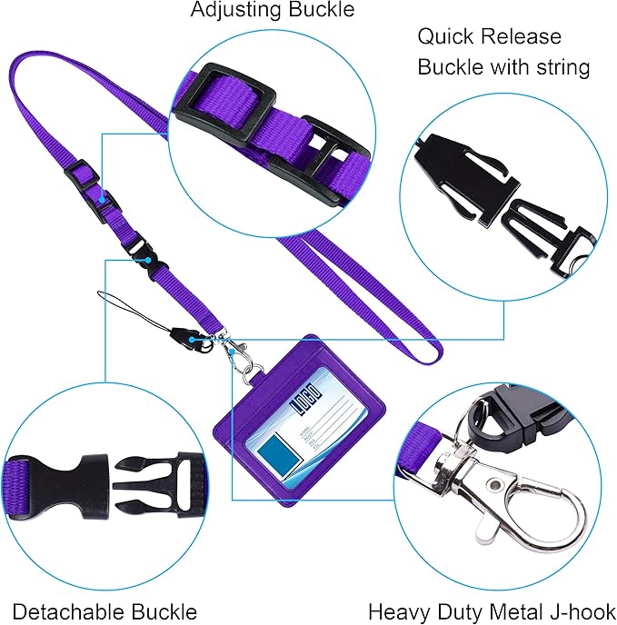Wisdompro 2-Sided PU Leather ID Badge Holder with 1 ID Window and 1 Card Slot and 1 Piece 23 Inch Adjustable Polyester Detachable Neck Lanyard Strap (Holds 3 to 4 Cards) - Purple (Horizontal)