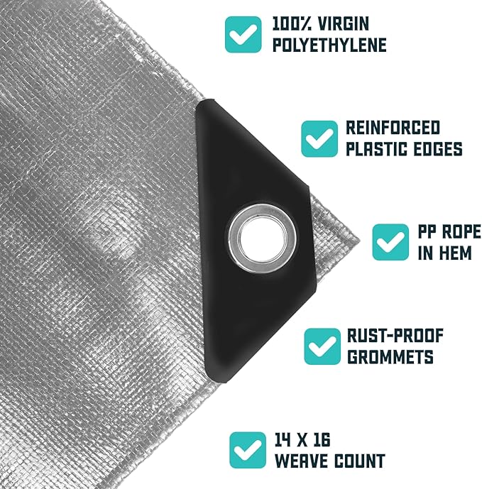 Core Tarps Extra Heavy Duty 16 Mil Tarp Cover, Waterproof, UV Resistant, Rip and Tear Proof, Poly Tarpaulin with Reinforced Edges for Roof, Camping, Patio, Pool, Boat (Silver/Black 12′ X 16′)