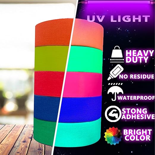 SWRT Neon Gaffer Cloth UV Blacklight Tape for Party Supplies, 5 Rolls Multi-Color UV Fluorescent Glow in The Dark Tape for Party Decoration, Dance Floors, UV Party (0.6 inch x 16.5 feet)