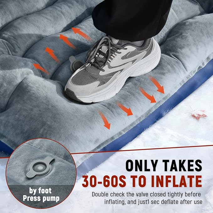 Camping Sleeping Pad, 9.2R-Value Ultralight Inflatable Air Mattress Built-in Foot Pump, Compact & Waterproof for Backpacking, Hiking, Travel - Upgraded Fleece-Lined Version Grey
