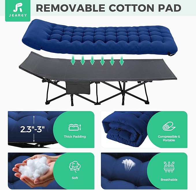 JEAREY 2-Piece Folding Camping Cot for Sleeping, Heavy Duty Camping Cots for Adults with Mattress, 1200D Double Layer Oxford Portable Folding Cot Bed with Carry Bag for Guest, Travel, Hiking, Navy