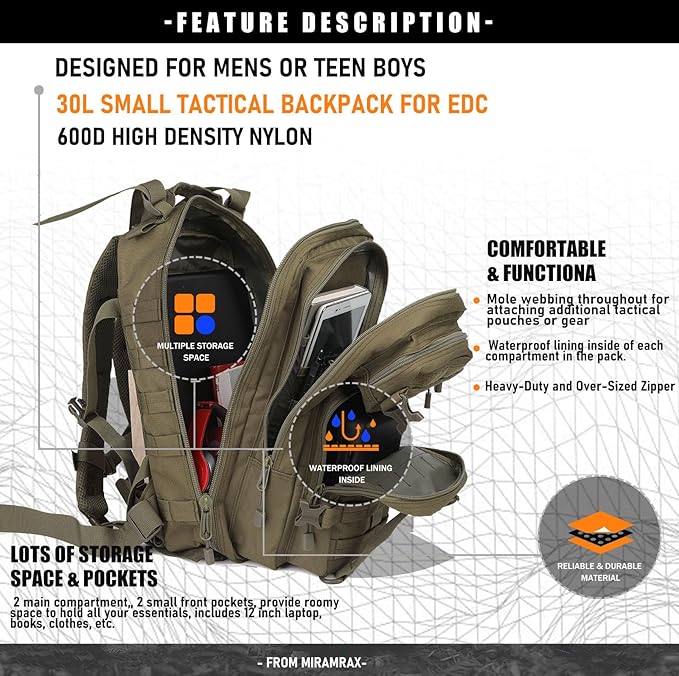 Small Tactical Backpack Military Daypack - 30L Backpack for Men Molle Assault Pack Bug Out Bag for Hiking Camping Travel Army Hunting Rucksack Trekking (Green)