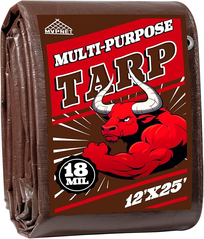 Tarp 12x25FT, 18 Mil Heavy Duty Large Tarps, 100% Waterproof Tarp, UV Resistant, Brass Grommets and Reinforced Edges.Brown Tarp Suitable for Courtyards, Cars, Camping, Gardens, Pet Nests -by Mvpnet