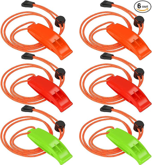 JULBEAR 6PCS Safety Survival Whistles with Adjustable Reflective Lanyard Emergency Plastic Whistle Marine Whistle