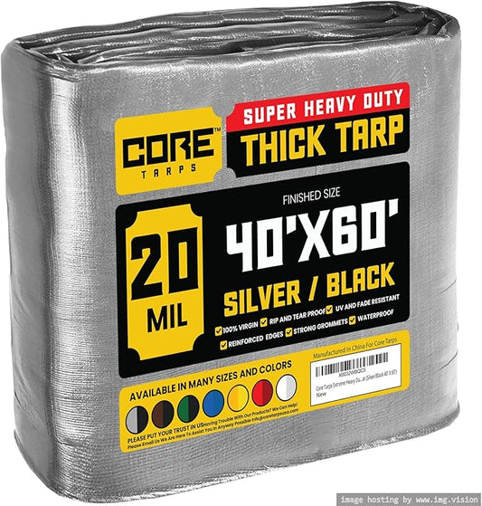 Core Tarps Extreme Heavy Duty 20 Mil Tarp Cover, Waterproof, UV Resistant, Rip and Tear Proof, Poly Tarpaulin with Reinforced Edges for Roof, Camping, Patio, Pool, Boat (Silver/Black 40′ X 60′)