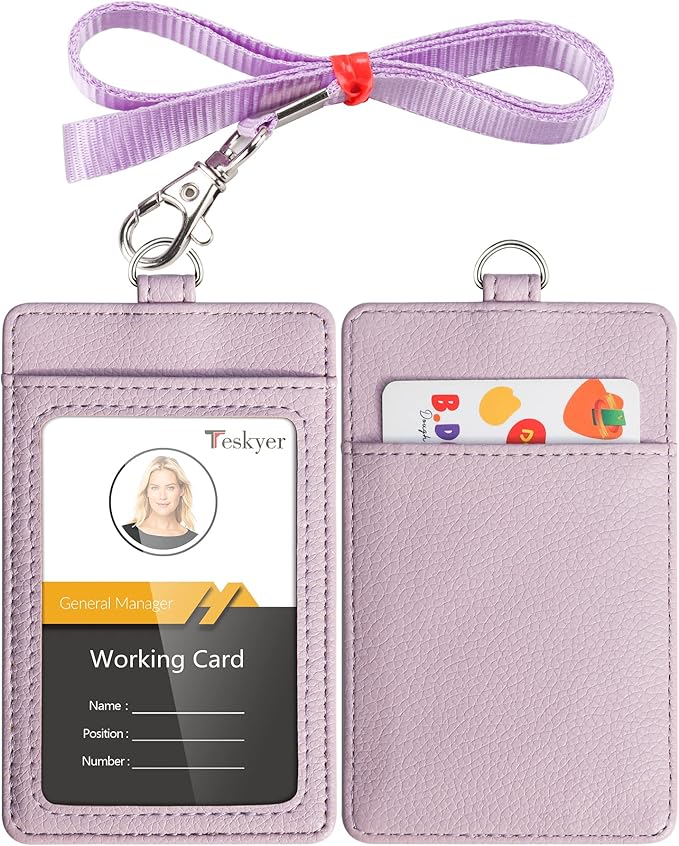 Teskyer Badge Holder with Lanyard, Leather ID Name Badge Card Holder with Lanyard for ID Badges, Vertical, Lychee Pattern Lilac