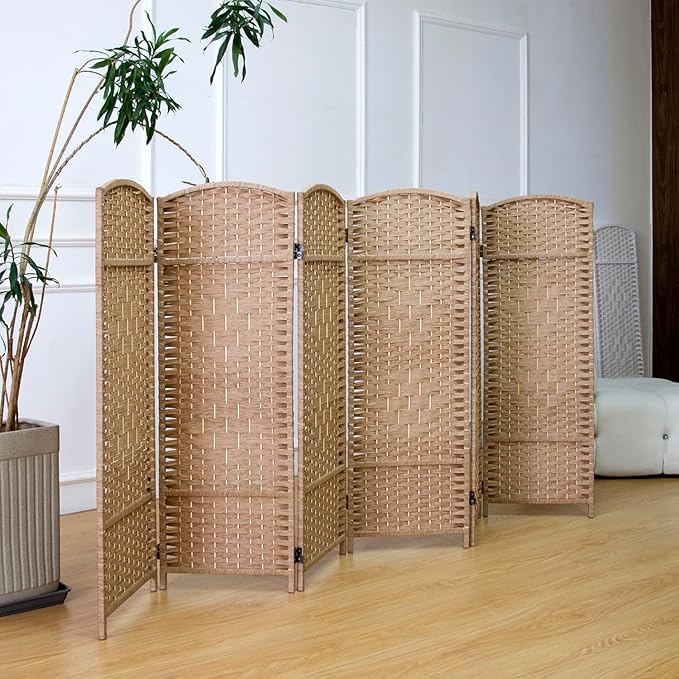 6 Panel Rattan Divider Short Room Partition Screen,Double Sided Folding Divider for Room Separation,Light Brown,47.2" H x 94.5" W