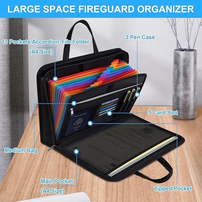 Fireproof Document Organizer Binder for House Emergency & Estate Planning, Grab-and-Go Accordion File Folder with Lock & Handle, 13-Pocket Important Documents Storage