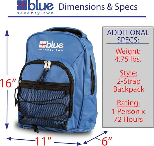 Family 4 Pack - Blue Seventy-Two Standard 72 Hour Emergency Backpack Survival Kit for 1 Person | Survival Kit for Wildfires, Earthquake, Tornado, Hurricane, and Other Emergencies