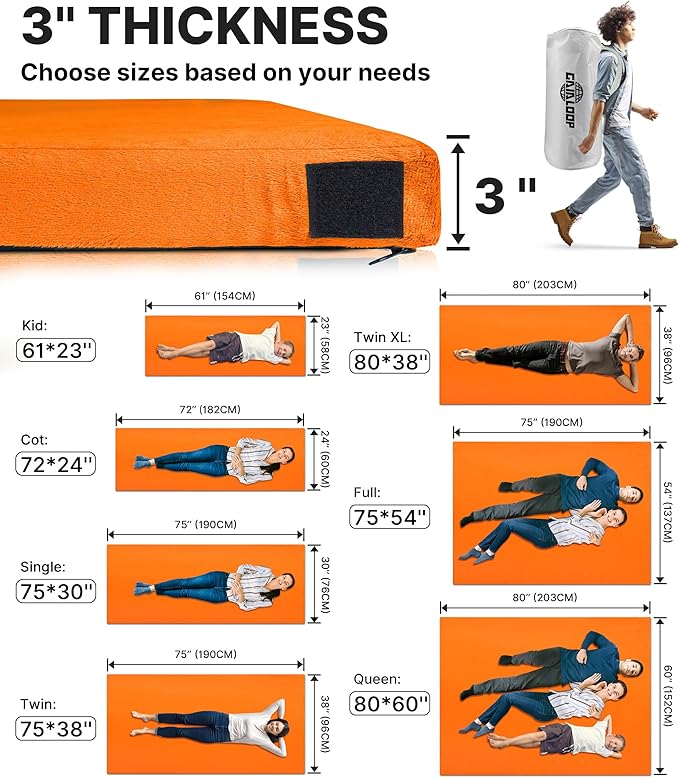 3 Inch Memory Foam Camping Mattress, Dual Layer Thick Sleeping Camp Pad for Car Tent Cot, Roll-Up Portable Glamping Floor Bed for Guests Sleepover