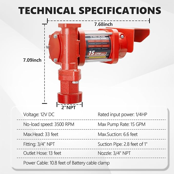 15GPM 12V Fuel Transfer Pump with Discharge Hose, Automatic Nozzle, Premium Filter Package, Suitable for Gasoline, Diesel, Kerosene, Ethanol & Methanol Blends