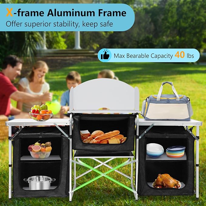 Seeutek Camping Kitchen Table, Aluminum Portable Outdoor Cooking Table Foldable Camp Table with Windscreen and 3 Storage Cupboards Multifunctional for BBQ, Party, Picnics & Outdoor Activities Black