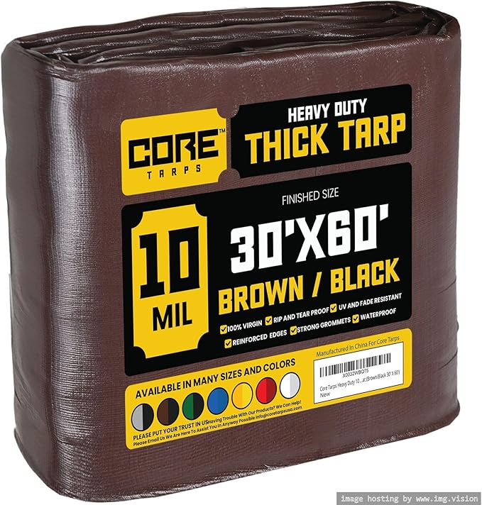 Core Tarps Heavy Duty 10 Mil Tarp Cover, Waterproof, UV Resistant, Rip and Tear Proof, Poly Tarpaulin with Reinforced Edges for Roof, Camping, Patio, Pool, Boat (Brown/Black 30′ X 60′)