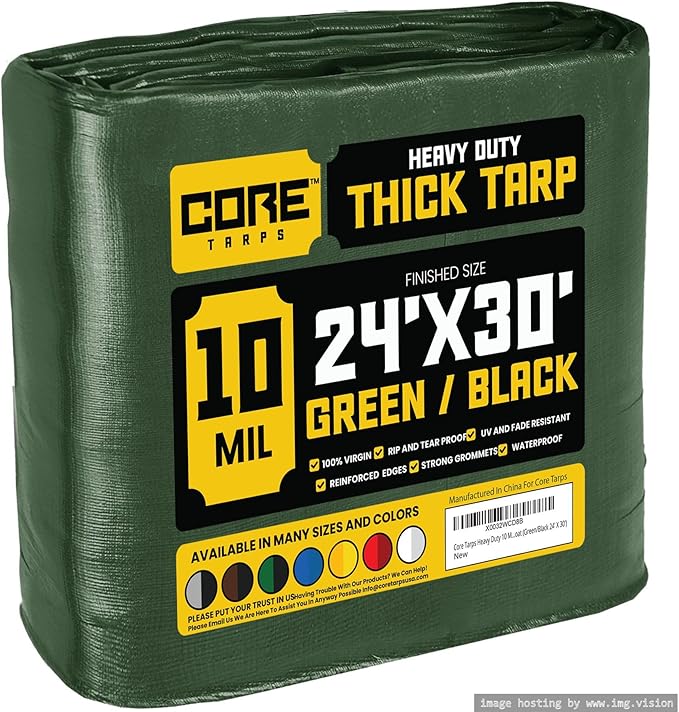 Core Tarps Heavy Duty 10 Mil Tarp Cover, Waterproof, UV Resistant, Rip and Tear Proof, Poly Tarpaulin with Reinforced Edges for Roof, Camping, Patio, Pool, Boat (Green/Black 24′ X 30′)
