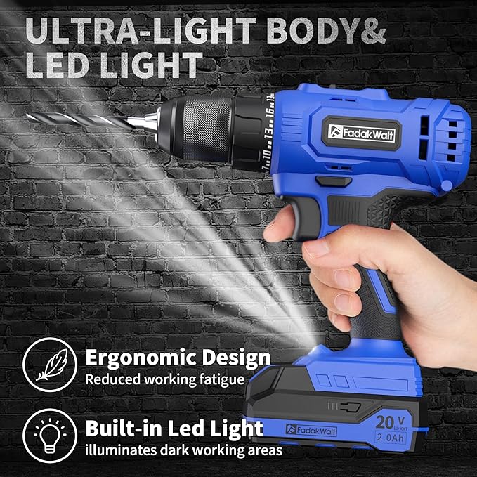 FADAKWALT 20V Cordless Drill/Driver Set,Electric Power Drill Kit with Battery& Charger, 1/2inch Keyless Chuck,2 Variable Speed,25+1 Torque Setting, 400 inch-lbs with LED Power Drill Kit