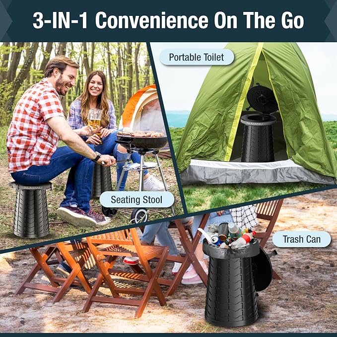 NUMANU 19.7" XXL 3IN1 Portable Toilet, Stool, Trash Can | Adjustable Height Portable Potty, Foldable Travel Toilet with Lid & Waste Bags, Outdoor Travel Potty, Pop Up Camping Toilet for Adults & Kids