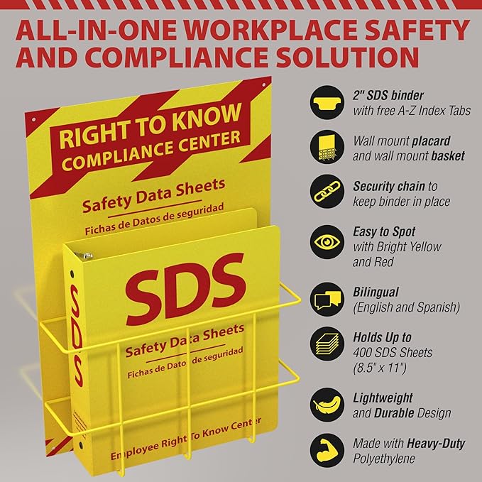 OSHA-Compliant SDS/MSDS Binder with Wall Mount, 2inch 3-Ring, High-Visibility Yellow & Red, Holds up to 400 Sheets, Bilingual (English/Spanish), Durable & Easy to Install for Workplace Safety