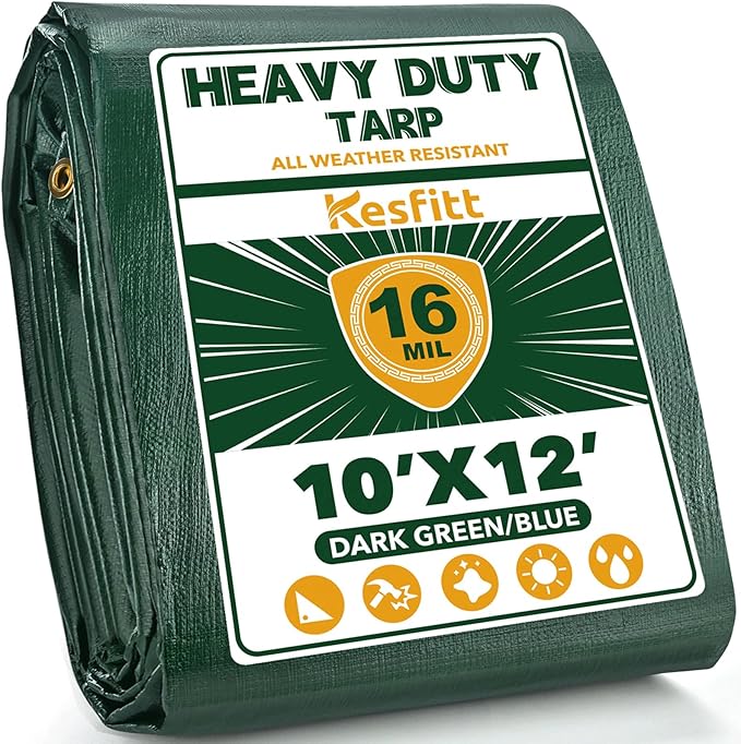 Kesfitt Tarp Heavy Duty Waterproof 10x12FT,16 Mil Thick Tarps Tear&Fade Resistant,UV Resistant,Poly Tarp Cover with Grommets and Reinforced Edges for Outdoor Camping Pools Boat Car(Green/Blue)