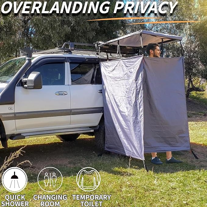 DANCHEL OUTDOOR Car Side Shower Awning with Roof, 3.3x3.3ft Portable Roof Rack Vehicle Shower Privacy Tent Shelter Enclosure Overland Camping Changing Room Bathroom w/LED Light, Gray