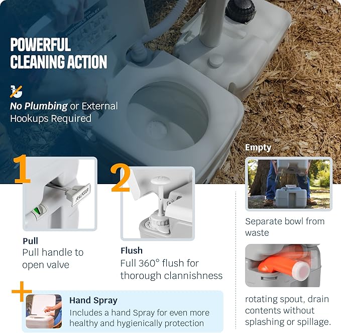 Alpcour Portable Toilet – Compact Indoor & Outdoor Commode w/Travel Bag for Camping, RV, Boat – Piston Pump Flush, Built-in Pour Spout & Washing Sprayer for Easy Cleaning