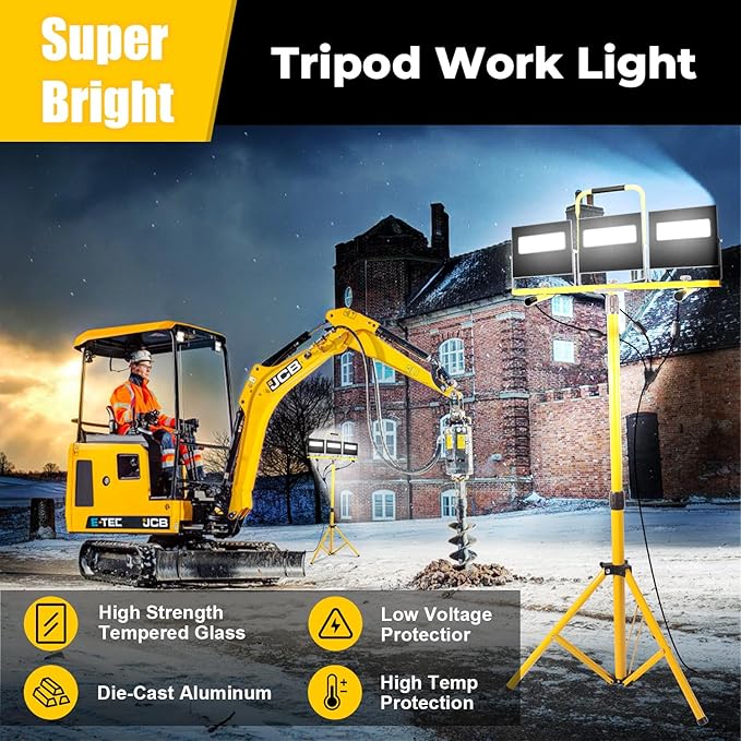 54000 Lumen Work Lights with Stand Led Triod Light 3 Adjustable Head with 16FT Cord - IP67 Waterproof LED Work Lights with Stand for Outdoor Indoor Job Site Workshop Garage Construction Site Lighting