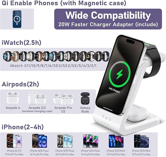 3 in 1 Wireless Charging Station: 5000mAh Removable Power Bank Charger Stand for Phone/Watch/Air Pods - Portable Magnetic Battery Pack for Air 17 16 15 14 13 12 Series White