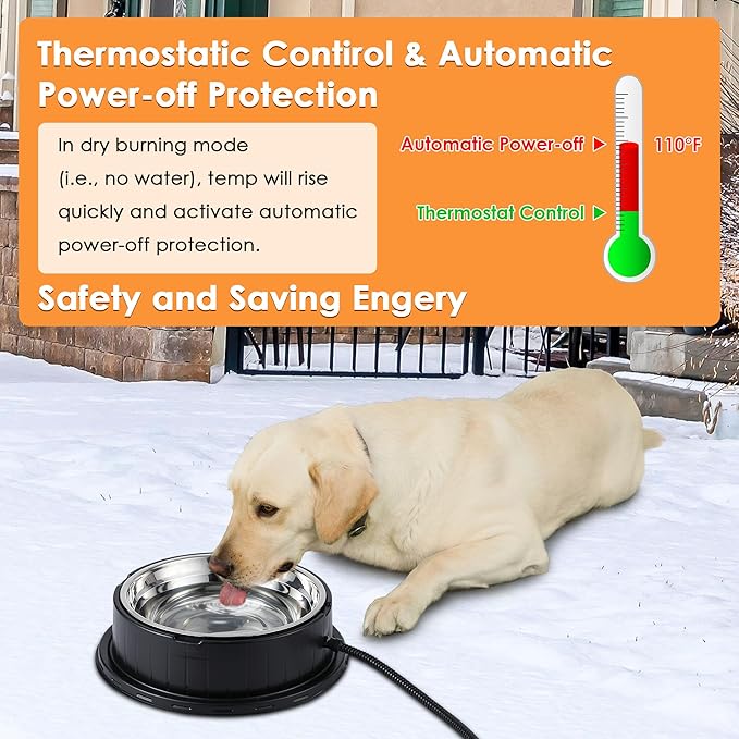 Heated Water Bowl for Dog Cat with Thermostatic Control, 55W 80oz Removable Stainless Steel Heated Dog Pet Bowl with Anti Chew Cord