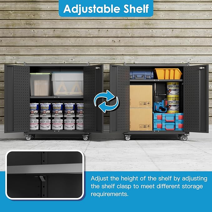 Metal Storage Cabinets with Door Pegboard,Lockable Garage Storage Cabinets with Wheels for Garage, Home, Office,Assembly Required,Black,13.8" D x 26" W x 34.3" H