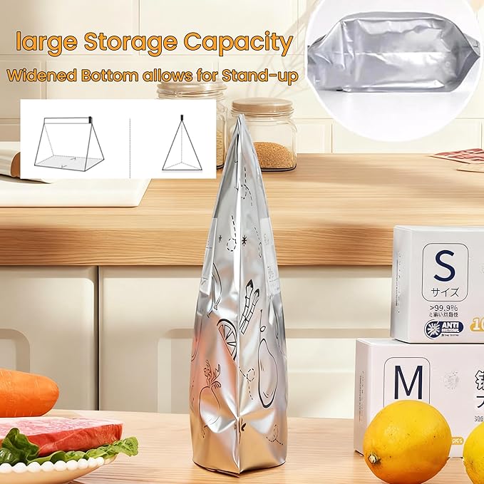 30Pcs Reusable Aluminum Foil Sealable Storage Bags, Thicken Stand Up Foil Sealable Bags with Label and Zip Lock, Aluminum Foil Bags for Food, Vegetable Fruit Meat (10*S+10*M+10*L)