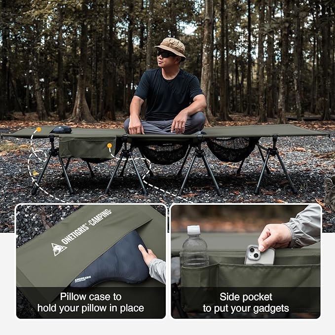 ONETIGRIS SUPRATIROS Extra Large Camping Cot, Height Adjustable Oversized Sleeping Cot with Extending Legs for Camping, Car Trips, Truck, Beach, Office Nap, Sturdy Supports Up to 400lbs (Ranger Green)