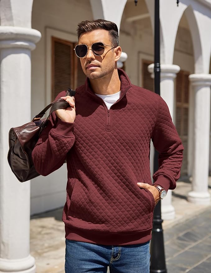COOFANDY Mens Quarter Zip Pullover Quilted Sweatshirt Knit Long Sleeve Mock Neck Sweater Polo with Pocket