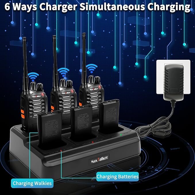 MT-8S Walkie Talkies Long Range for Adults,Rechargeable Walkie Talkie with 6 Way Multi Gang Charger, 1500mAh Li-ion Battery, Earpiece, Flashlight and USB-C Charging (6Pack)