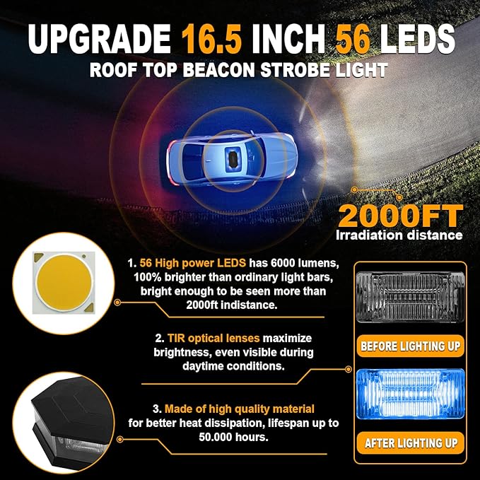 ASPL 16.5 Inch Roof Top Beacon Emergency Strobe Light 56 LED Magnetic Warning Caution lights bar Traffic Hazard Plow Light for Trucks Vehicles Construction Snowplow (Blue/White)