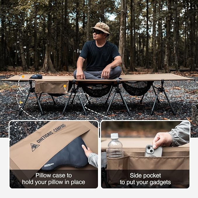 ONETIGRIS SUPRATIROS Extra Large Camping Cot, Height Adjustable Oversized Sleeping Cot with Extending Legs for Camping, Car Trips, Truck, Beach, Office Nap, Sturdy Supports Up to 400lbs