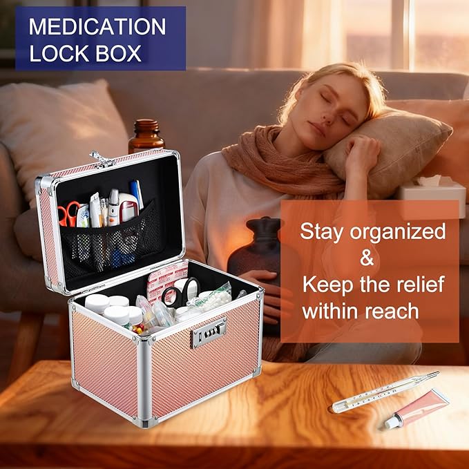 Adazzo Lockable Storage Box, Cabinet Safe Case Organizer with Combination Lock for Medications and Small Valuables, 10 x 7 x 9 Inches, Shiny Gold