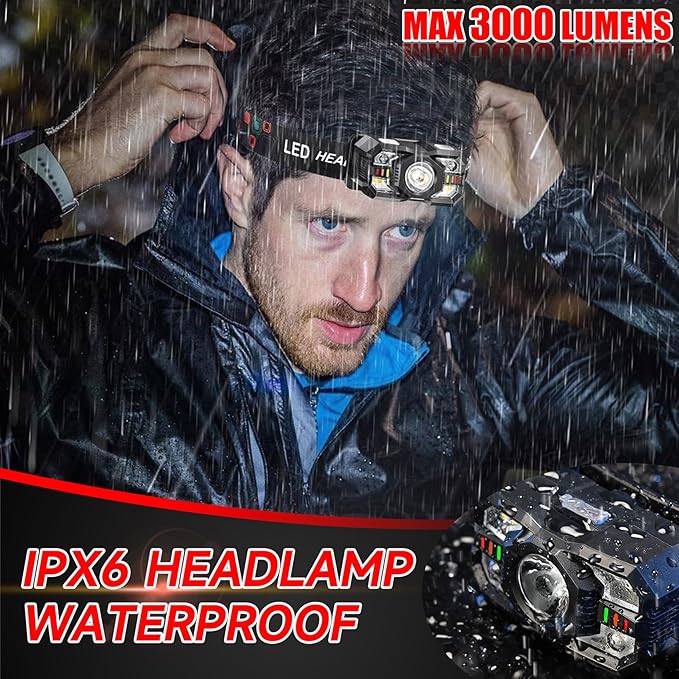 Headlamp Rechargeable 12Pack, 3000 Lumen Ultra-Light Bright Headlamp Flashlight with White Red Light, LED Headlight Motion Sensor, 5+5 Mode for Outdoor Camping Fishing Running Hiking (12)