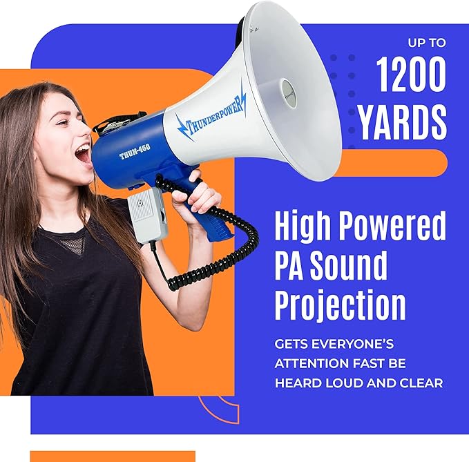 ThunderPower THUN450 Extra-Loud Megaphone Speaker – 35W Voice Amplifier for 1,400-Yard Range – Bullhorn Megaphone with Voice, Siren & Whistle Mode – Bull Horn Loud Speaker with Mic & Shoulder Strap