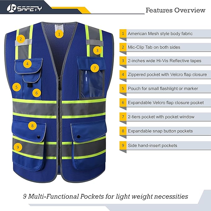 JKSafety 9 Pockets High Visibility Zipper Front MESH Blue Safety Vest | Blue with Dual Tone High Reflective Strips | ANSI/ISEA Standards (100-Blue, 3XL)