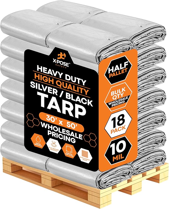 Heavy Duty Poly Tarp 30' x 50' - Bulk Half Pallet (18 Pack) Thick Waterproof, UV Blocking Protective Cover - Reversible Silver & Black - 10 Mil Thick Polyethylene - by Xpose Safety