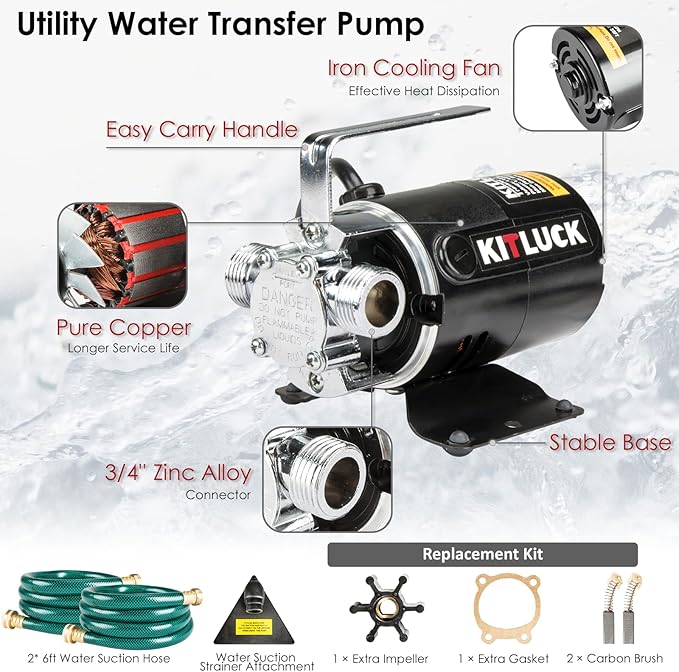Water Transfer Pump, 115V 1/10HP 330GPH Utility Water Pump Electric With 2 * 6ft Suction Hose, Portable Small Water Pump For Pool Draining, Removing Water From Rain Barrel, Aquariums, etc.