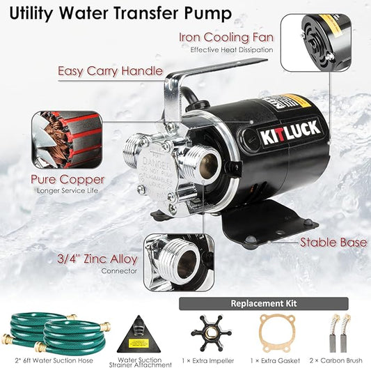 Water Transfer Pump, 115V 1/10HP 330GPH Utility Water Pump Electric With 2 * 6ft Suction Hose, Portable Small Water Pump For Pool Draining, Removing Water From Rain Barrel, Aquariums, etc.