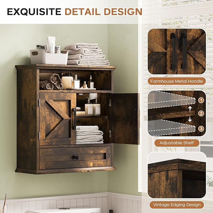 Bathroom Wall Cabinet, Wall Mounted Medicine Cabinet with Drawer, Barn Door & Adjustable Shelf, 24.4"H x 23.6"W x 9"D Rustic Brown Over Toilet Farmhouse Storage Cabinet for Kitchen, Laundry, Entryway