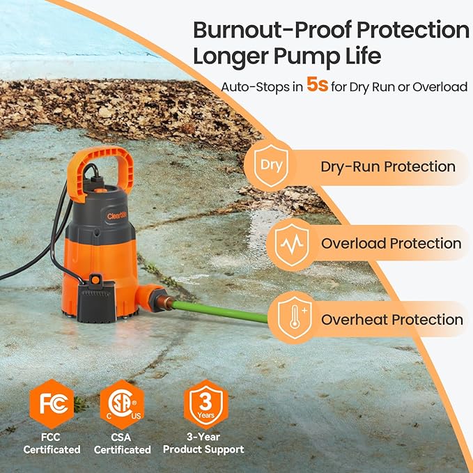 Cleartide Submersible Sump Pump, Smart Water Sensor Auto On/Off, Manual/Auto Mode, 1/3HP 2790GPH Multi-Use Utility Water Pump for Pool/Basement/Garden Drainage