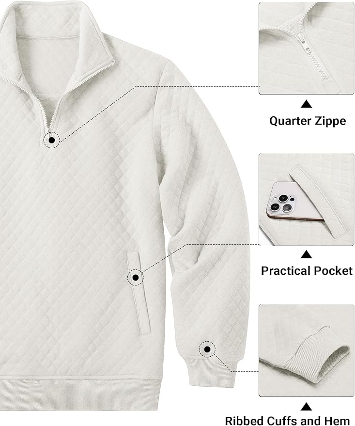COOFANDY Mens Quarter Zip Pullover Quilted Sweatshirt Knit Long Sleeve Mock Neck Sweater Polo with Pocket
