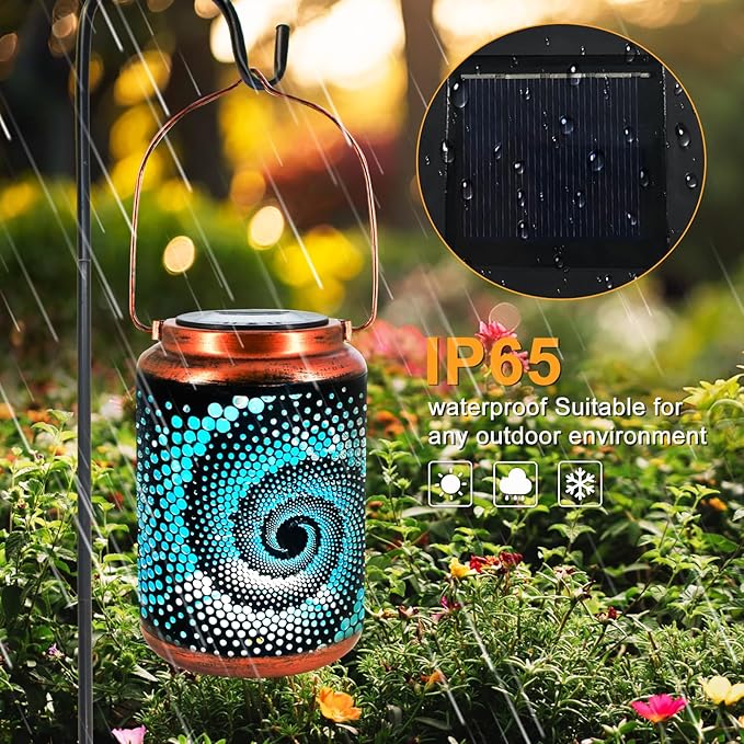 YISITEONE Mosaic Bohemian Outdoor Solar Lanterns, Waterproof Blue Table Lights, Turkish Moroccan Decorations for Garden Patio Yard Lawn Front Porch, Birthday Gardening Gifts for Women Mom Grandma