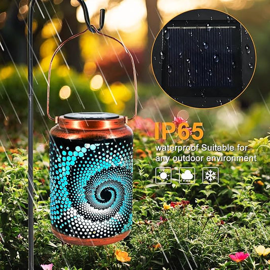 YISITEONE Mosaic Bohemian Outdoor Solar Lanterns, Waterproof Blue Table Lights, Turkish Moroccan Decorations for Garden Patio Yard Lawn Front Porch, Birthday Gardening Gifts for Women Mom Grandma