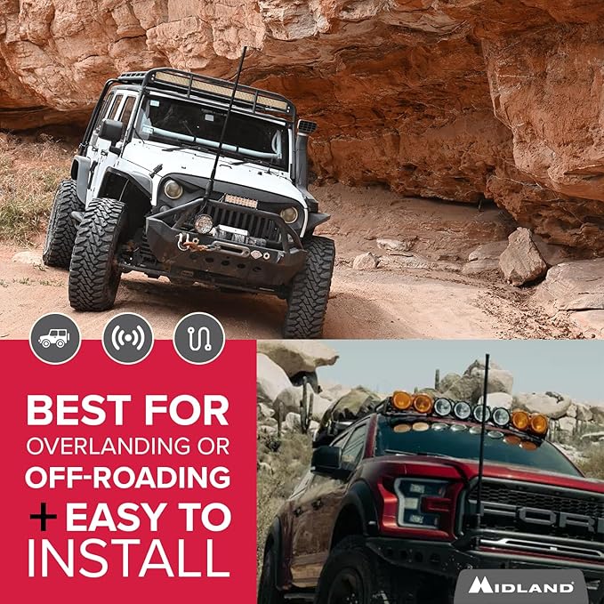 Midland - MXAT04VP-6.6dB Heavy-Duty Bull Bar Antenna with Spring Base Micromobile - 47.5” with 462-468 MHz Frequency - Long Range GMRS Communication - Overlanding Off-Roading - (Bundle)