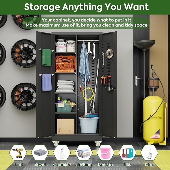 Broom Closet Storage Cabinet with Wheels and Pegboard,Metal Garage Storage Cabinet with Doors and Adjustable Shelves for Garage Home,Required Assembly,Black